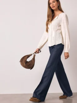 Next écru - Chemisier texturé à col bateau et manches longues