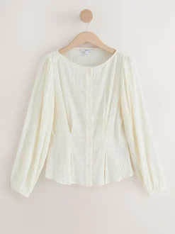 Next écru - Chemisier texturé à col bateau et manches longues