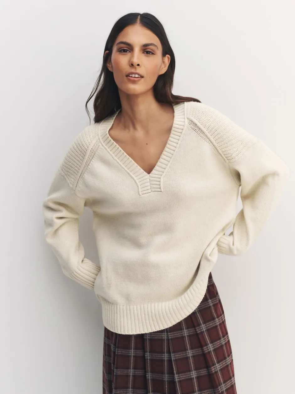 Next écru - Pull long à col en V en coton et laine mélangés Sale