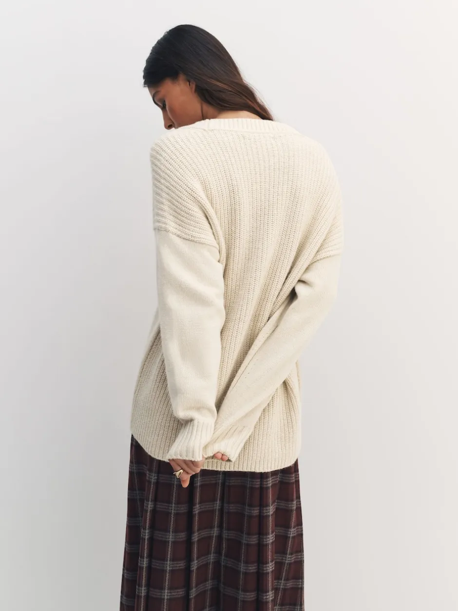 Next écru - Pull long à col en V en coton et laine mélangés Sale