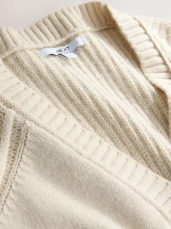 Next écru - Pull long à col en V en coton et laine mélangés Sale