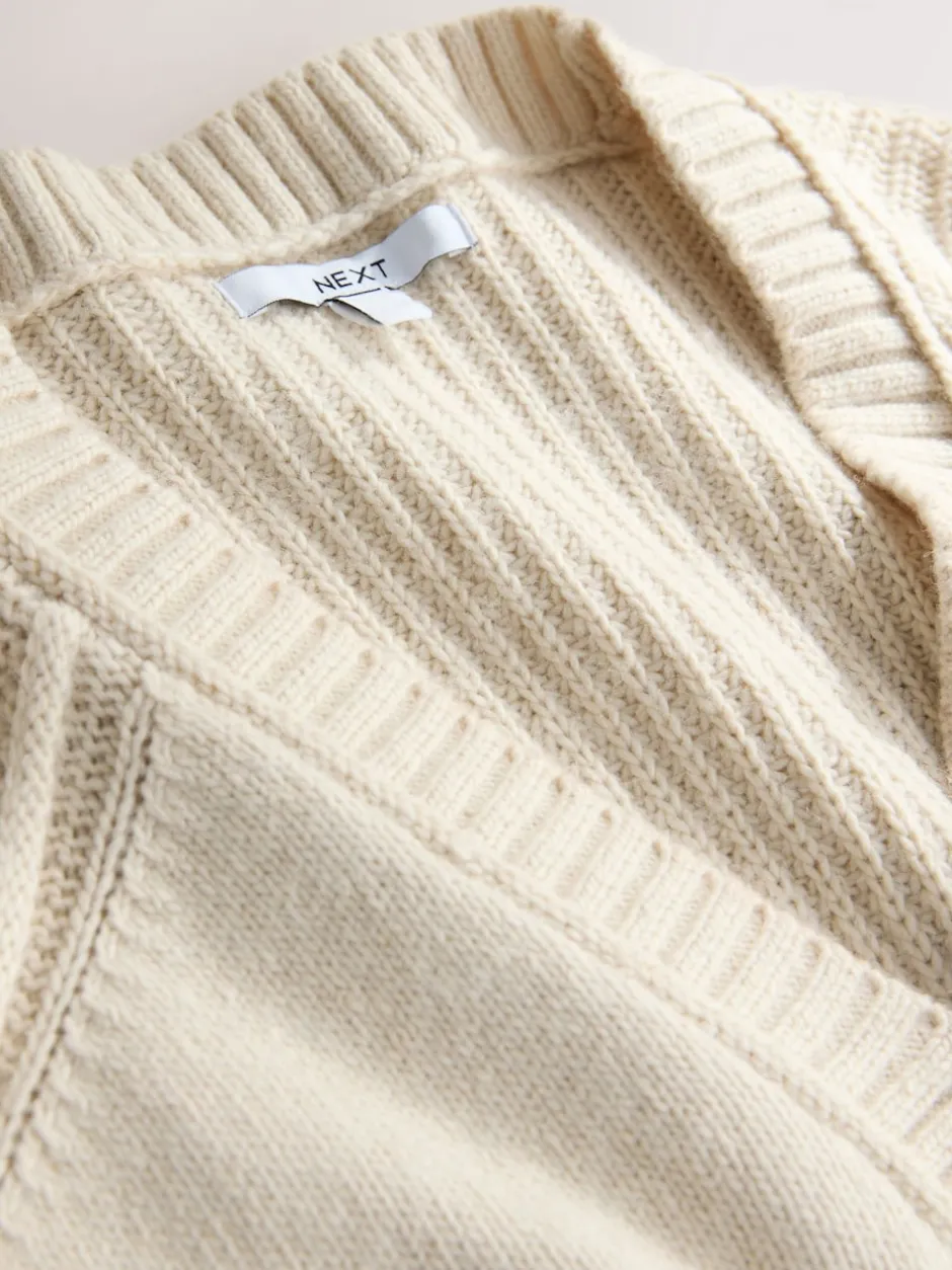 Next écru - Pull long à col en V en coton et laine mélangés Sale