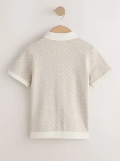 Next Écru motif géométrique - Polo boutonné en maille (3-16ans) Discount