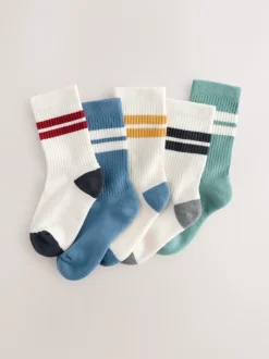 Next - Cushioned Semelle intérieure Cotton Rich Ribbed Tipped Chaussettes 5 Lot Écru/Bleu/Minéral Online