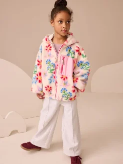 Next Écru/rose à fleurs - Veste en polaire en peau lainée zippée à capuche (3-16ans) Sale