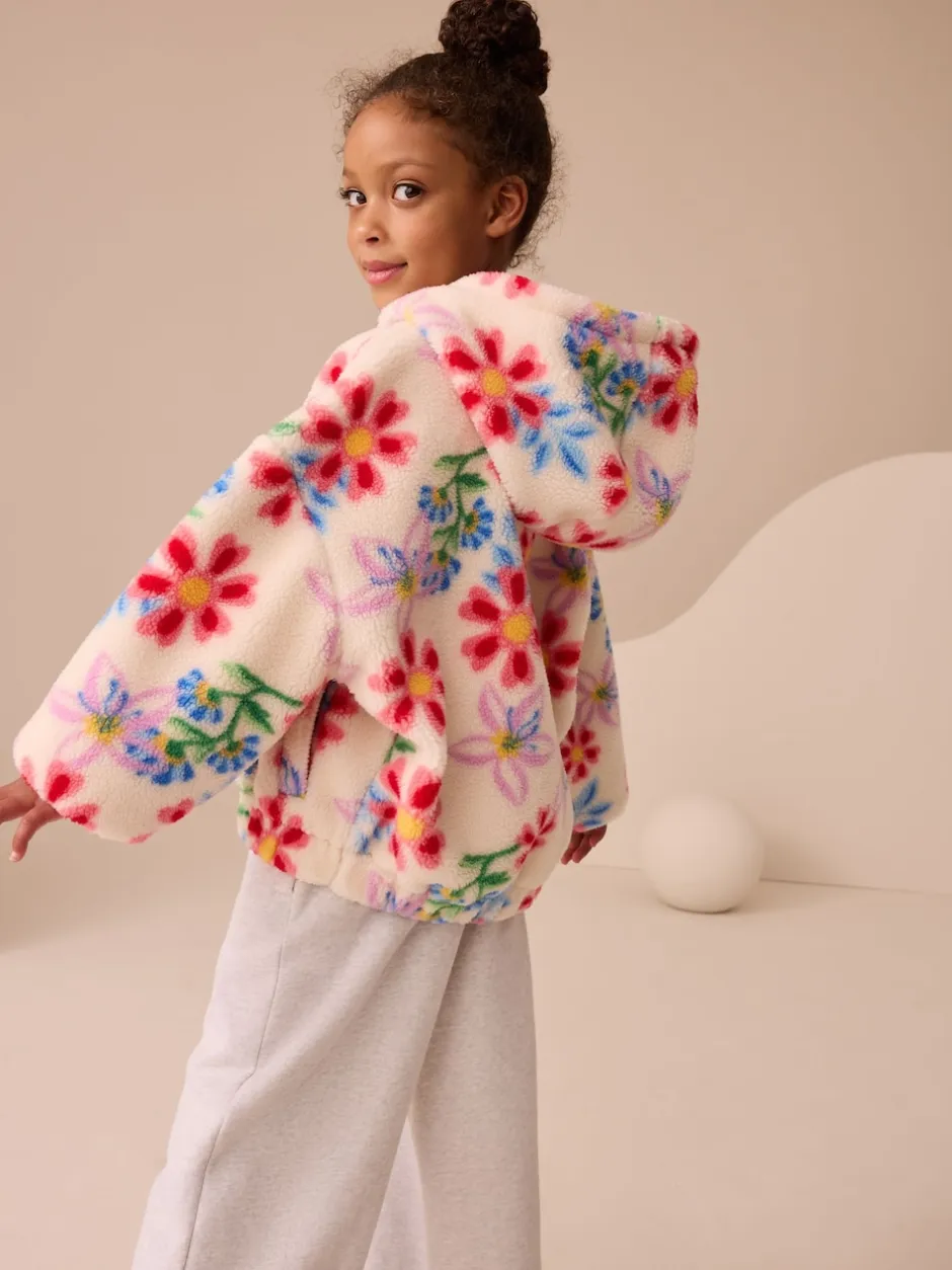 Next Écru/rose à fleurs - Veste en polaire en peau lainée zippée à capuche (3-16ans) Sale