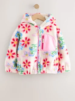Next Écru/rose à fleurs - Veste en polaire en peau lainée zippée à capuche (3-16ans) Sale