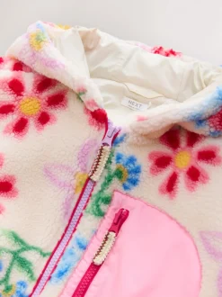 Next Écru/rose à fleurs - Veste en polaire en peau lainée zippée à capuche (3-16ans) Sale