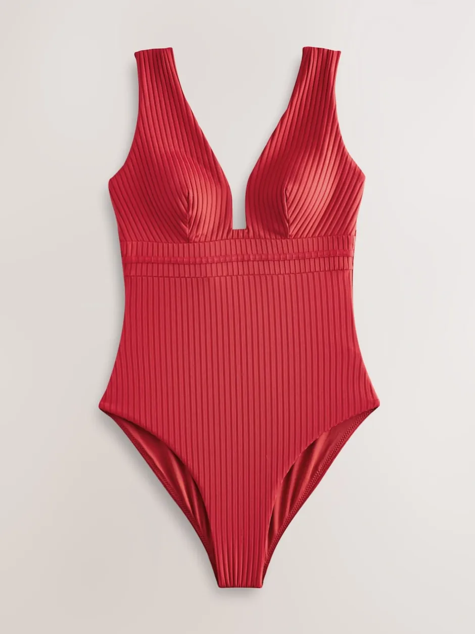 Next - Maillot de bain plongeant et galbant avec contrôle du ventre Côtes rouges Sale