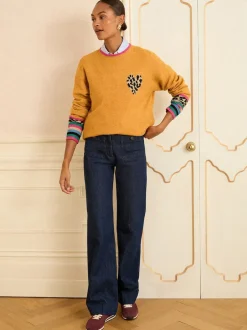 Love & Roses - Col rond Cosy Pull Cœur Jaune Imprimé animal New