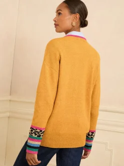 Love & Roses - Col rond Cosy Pull Cœur Jaune Imprimé animal New