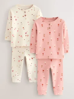 Next Cœurs écru/rose - Lot de 2 pyjamas gaufrés (9mois à12ans) Sale