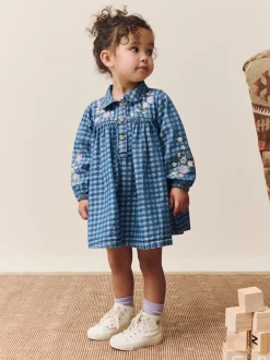 Next Denim Carreaux brodé - Robe à col à manches longues (3mths-8yrs) New