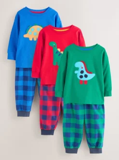 Next - Lot de 3 pantalons de pyjama tissés à carreaux (9mois-12ans) Dinosaure à carreaux rouge/bleu/vert Best