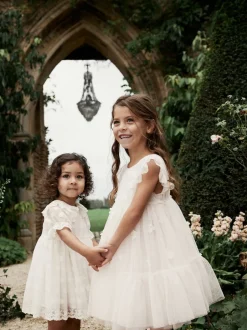 Next Ecru Blanc 3D Fleur - Robe de fleur en maille (3-16ans) Discount