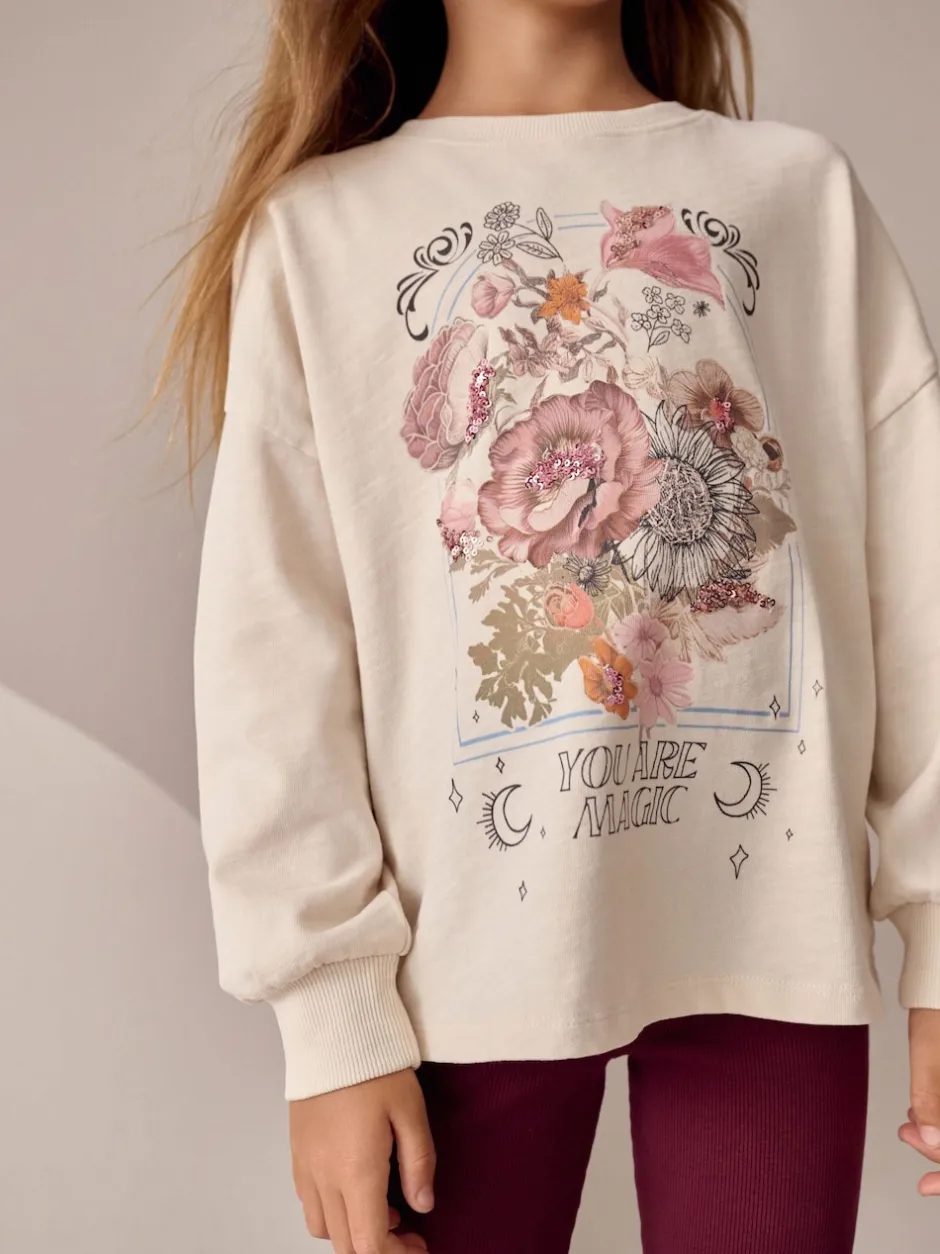Next Ecru Floral - Haut à manches longues à sequins (3-16ans) Sale