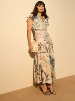 Next Ecru Floral - Robe longue Grande occasion à col en V Imprimé en maille Plissé Clearance