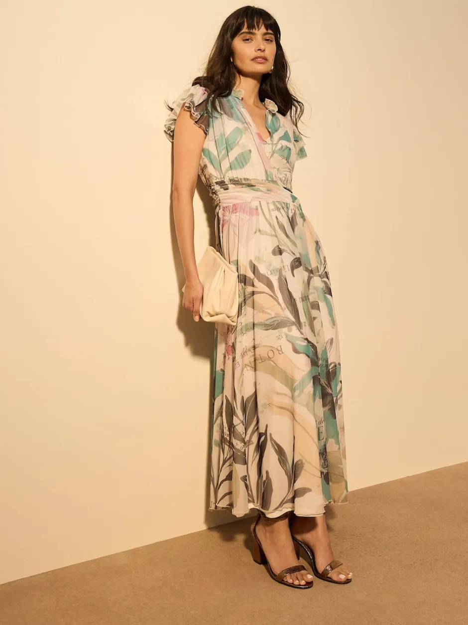 Next Ecru Floral - Robe longue Grande occasion à col en V Imprimé en maille Plissé Clearance