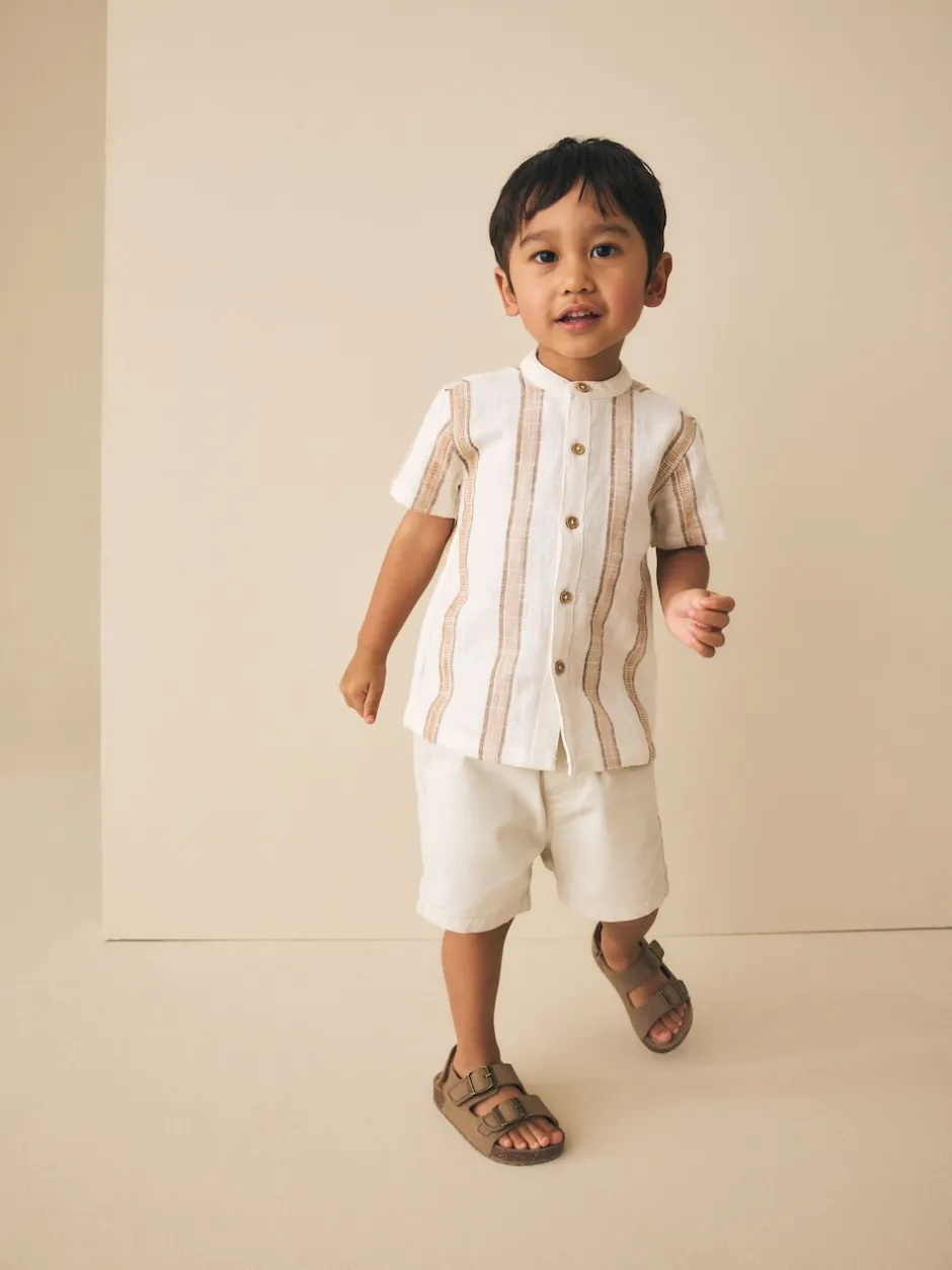 Next Ecru/Brown - Chemise à manches courtes avec col mao à texture rayée (3mois-7ans) New
