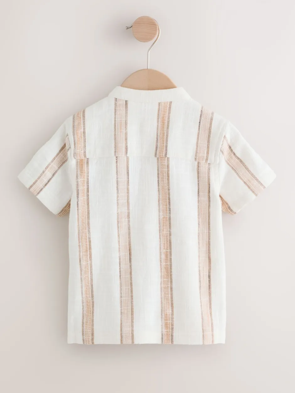 Next Ecru/Brown - Chemise à manches courtes avec col mao à texture rayée (3mois-7ans) New