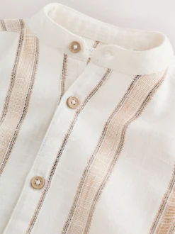 Next Ecru/Brown - Chemise à manches courtes avec col mao à texture rayée (3mois-7ans) New