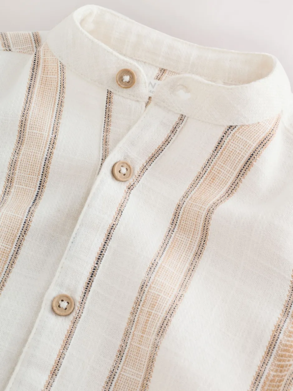 Next Ecru/Brown - Chemise à manches courtes avec col mao à texture rayée (3mois-7ans) New