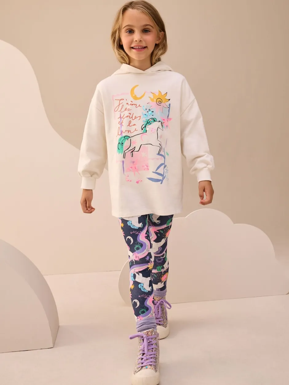 Next Ecru/Licorne marine - Ensemble Leggings Sweat-shirt à capuche imprimé graphique (3-16ans) Outlet