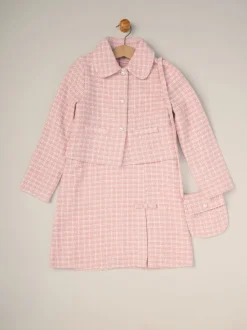 Miss Ensemble veste à carreaux, robe et sac rose en tweed Discount