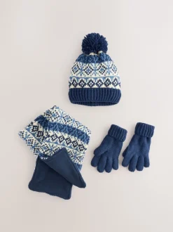 Next - Ensemble chapeau, écharpe et gants 3 pièces (3-16ans) Fairisle bleu/blanc Clearance