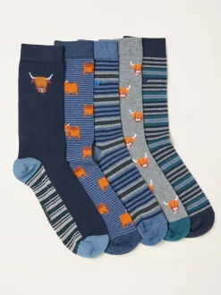Fat Face FatFace 5 paires de chaussettes à motif vache des Highlands Clearance