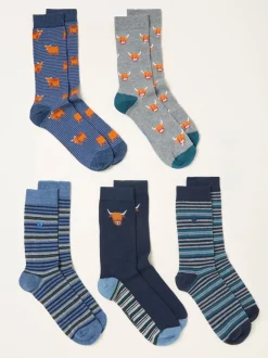 Fat Face FatFace 5 paires de chaussettes à motif vache des Highlands Clearance