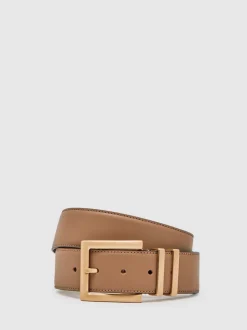 Reiss Fauve/taupe - Brompton Leather Square Buckle Ceintures Discount