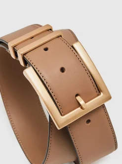 Reiss Fauve/taupe - Brompton Leather Square Buckle Ceintures Discount