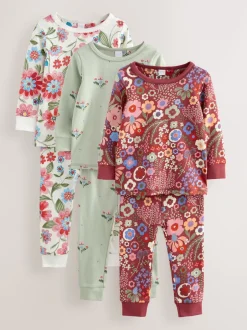 Next Fleuri rouge/vert - Lot de 3 pyjamas Snuggle (9mois-10ans) Sale