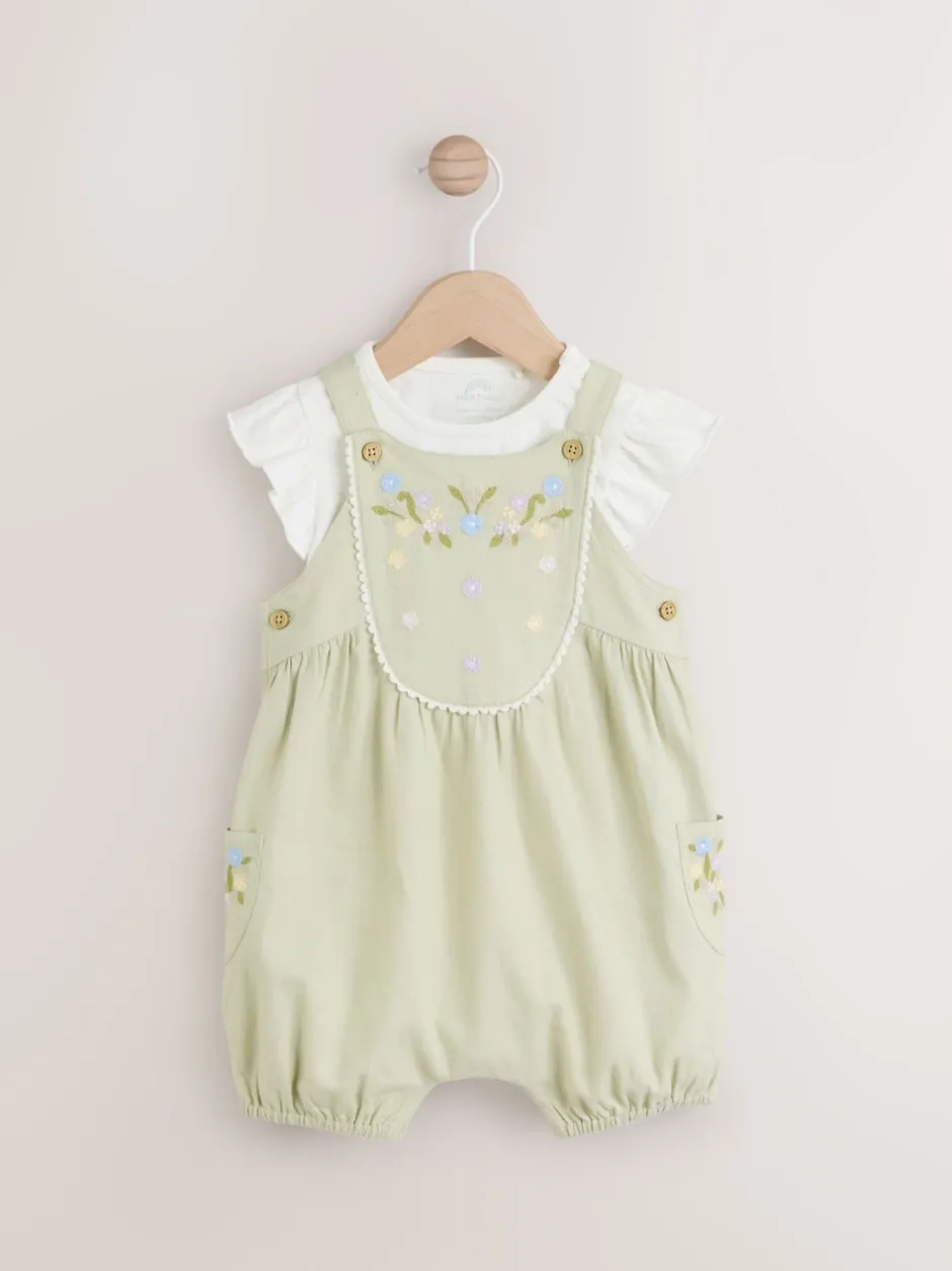 Next Floral brodées Vert sauge - Ensemble salopette et jambe bébé 100% coton à manches courtes (0mois2ans) Discount