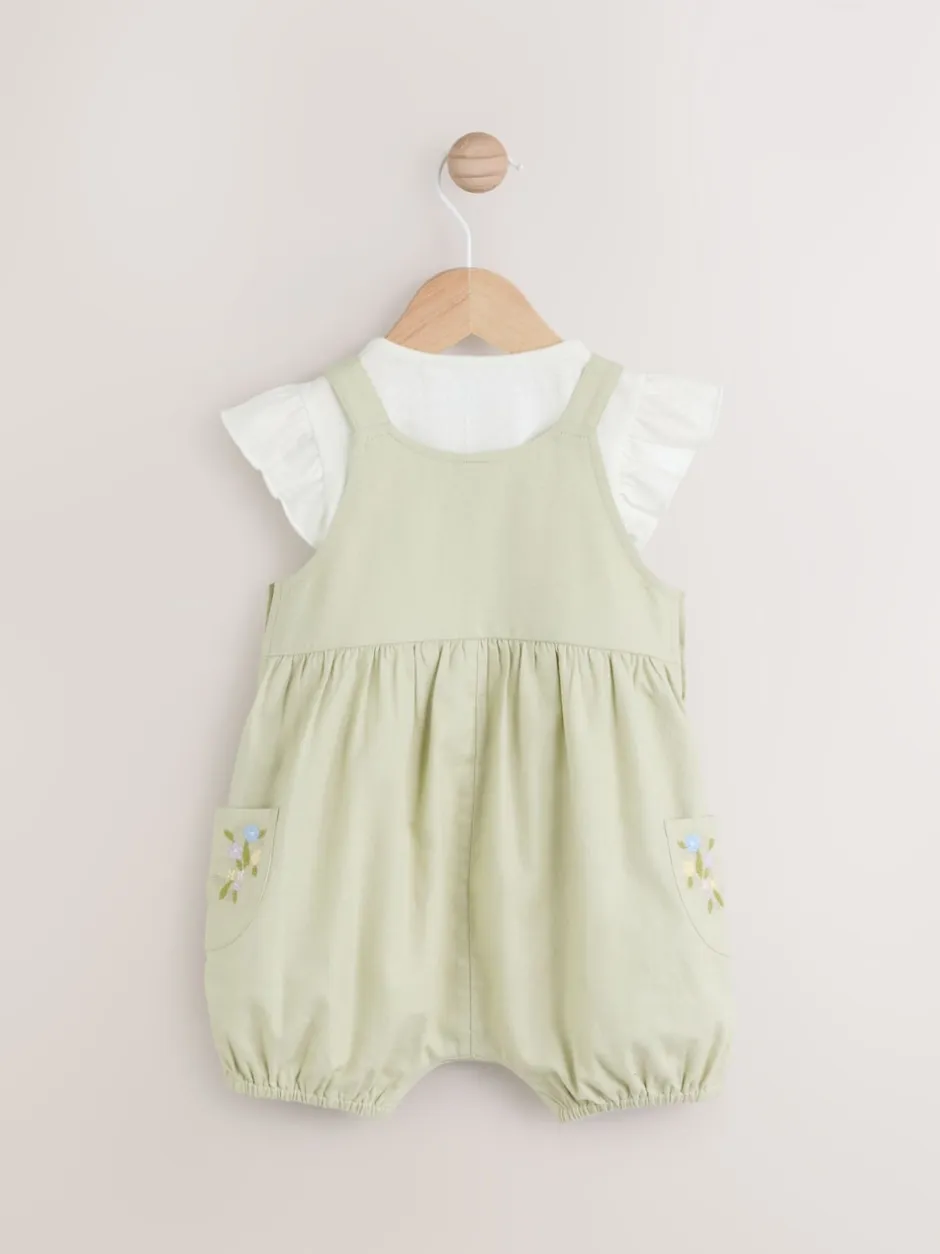 Next Floral brodées Vert sauge - Ensemble salopette et jambe bébé 100% coton à manches courtes (0mois2ans) Discount