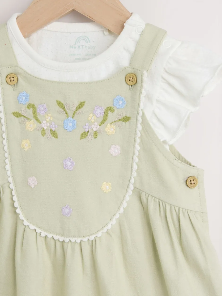Next Floral brodées Vert sauge - Ensemble salopette et jambe bébé 100% coton à manches courtes (0mois2ans) Discount