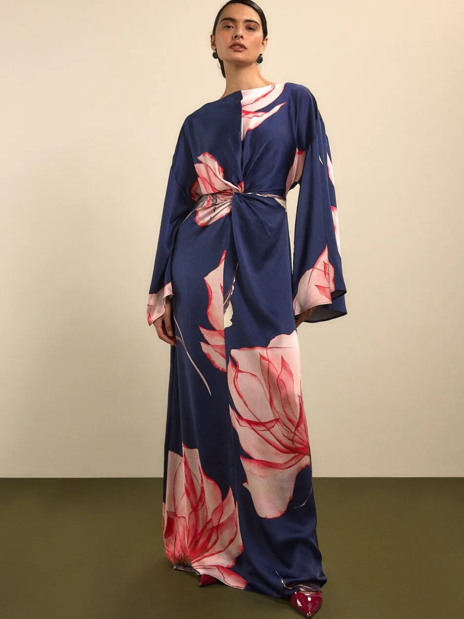 Next Floral de marine - Robe longue en satin à manches longues torsadée sur le devant