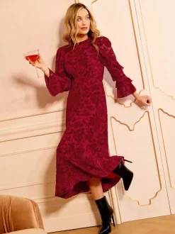 Love & Roses Floral rouge - Robe mi-longue Tissu dévoré Volants Clearance