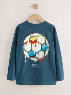 Next - T-shirt graphique décontracté en coton à manches longues (3-16ans) Football bleu moyen Clearance