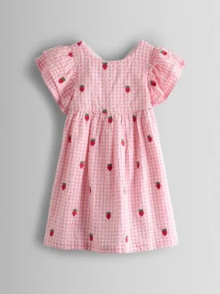 Jojo Maman Bébé Fraise vichy rose - Robe Fleuri Brodée à manches à volants Discount
