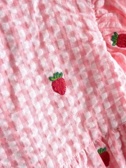 Jojo Maman Bébé Fraise vichy rose - Robe Fleuri Brodée à manches à volants Discount
