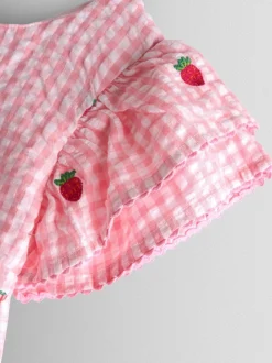 Jojo Maman Bébé Fraise vichy rose - Robe Fleuri Brodée à manches à volants Discount