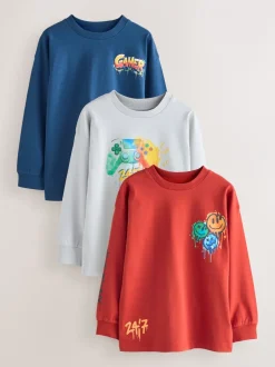 Next - Lot de 3 T-shirts à manches longues coupe décontractée avec imprimé graphique (3-16ans) Gamer bleu marine/gris/rouge Online