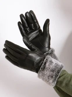 Totes Gants Isotoner en cuir pour femme avec poignets en fausse fourrure New