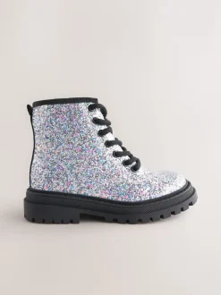 Next - Warm Lined À lacets Ankle Bottes Glitter d'argent Clearance