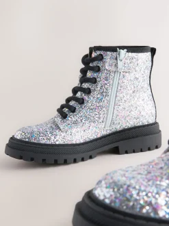 Next - Warm Lined À lacets Ankle Bottes Glitter d'argent Clearance