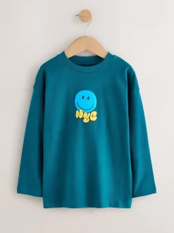 Next - Lot de 3 T-shirts à manches longues coupe décontractée avec imprimé graphique (3-16ans) Graffitis Bleu canard/Bleu/gris vif Best