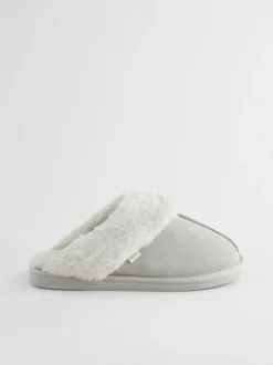 Next Gris - Chaussons mules en daim et fausse fourrure Online
