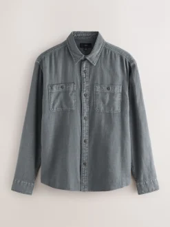 Next Gris - Chemise à manches longues texturée à deux poches Coupe classique Clearance